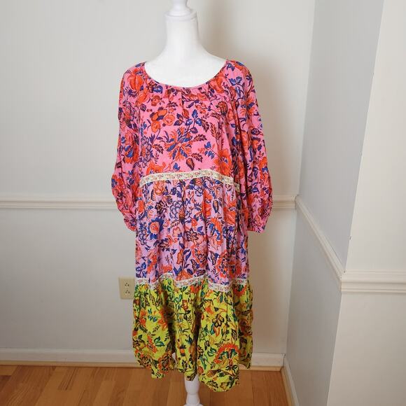 Anthropologie Mabel Mini Dress Sz Small Womens Tiered Floral Boho Peasant Pink - Picture 1 of 11